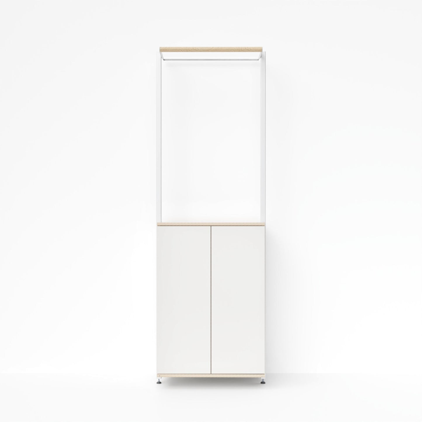 ELVA SOLO – MALYA – Frontansicht des modularen Regalsystems mit Stauraum und Aluminiumprofilen in Weiß mit Multiplex-Kanten