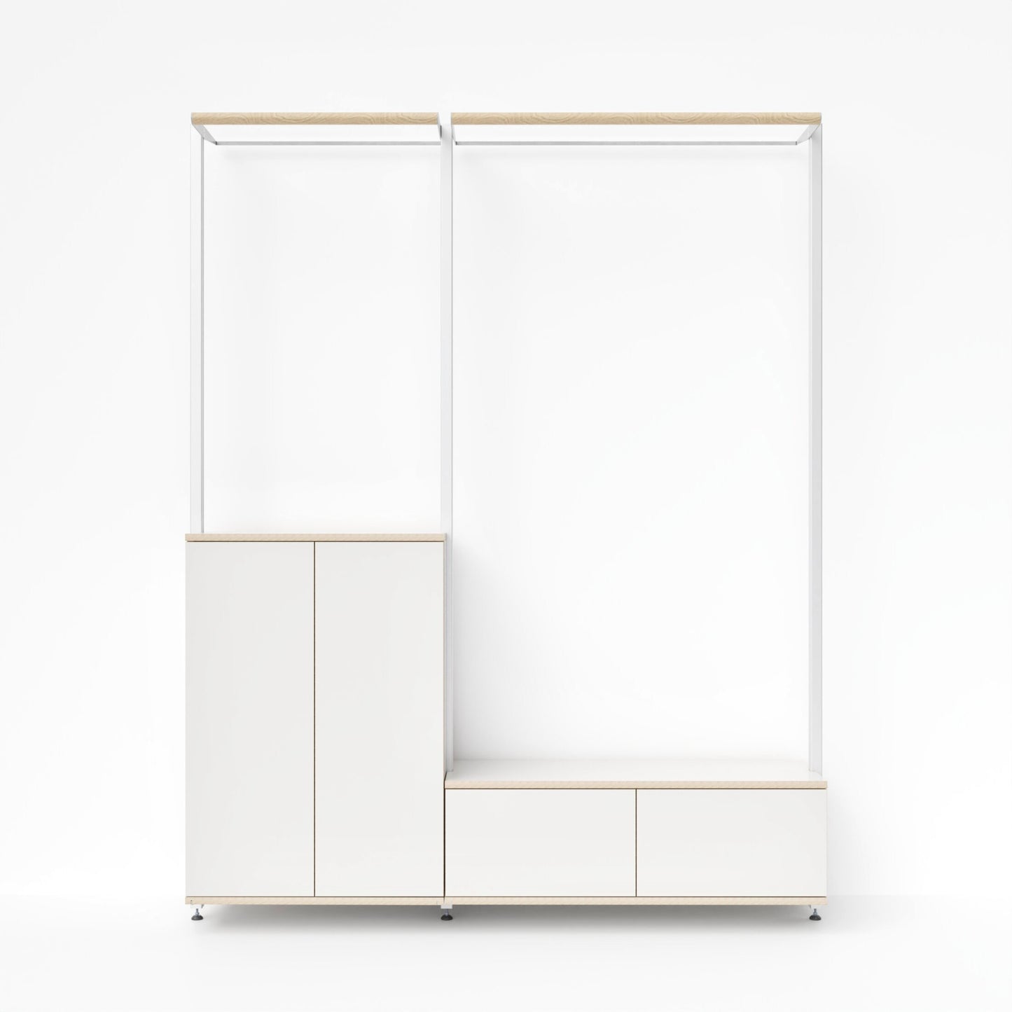 ELVA X ALTA – MALYA – Frontansicht des modularen Regalsystems mit Stauraum und Aluminiumprofilen in Weiß mit Multiplex-Kanten