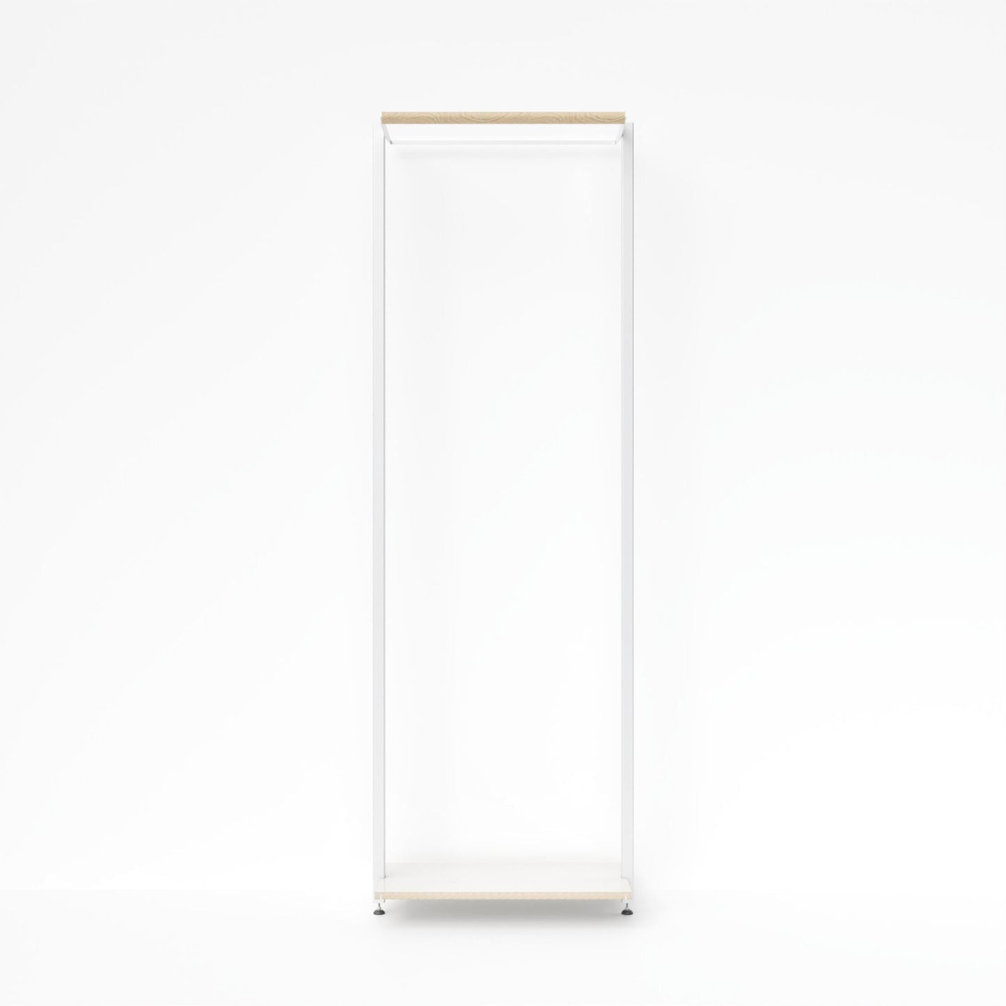 Einzelmodul der MALYA OSLO Kleiderstange in Weiß – minimalistisches, offenes Garderobenelement mit Aluminiumprofilen und naturfarbener Multiplex-Basis, ideal als Einstieg in ein flexibles, modular erweiterbares Aufbewahrungssystem für moderne Wohnräume.