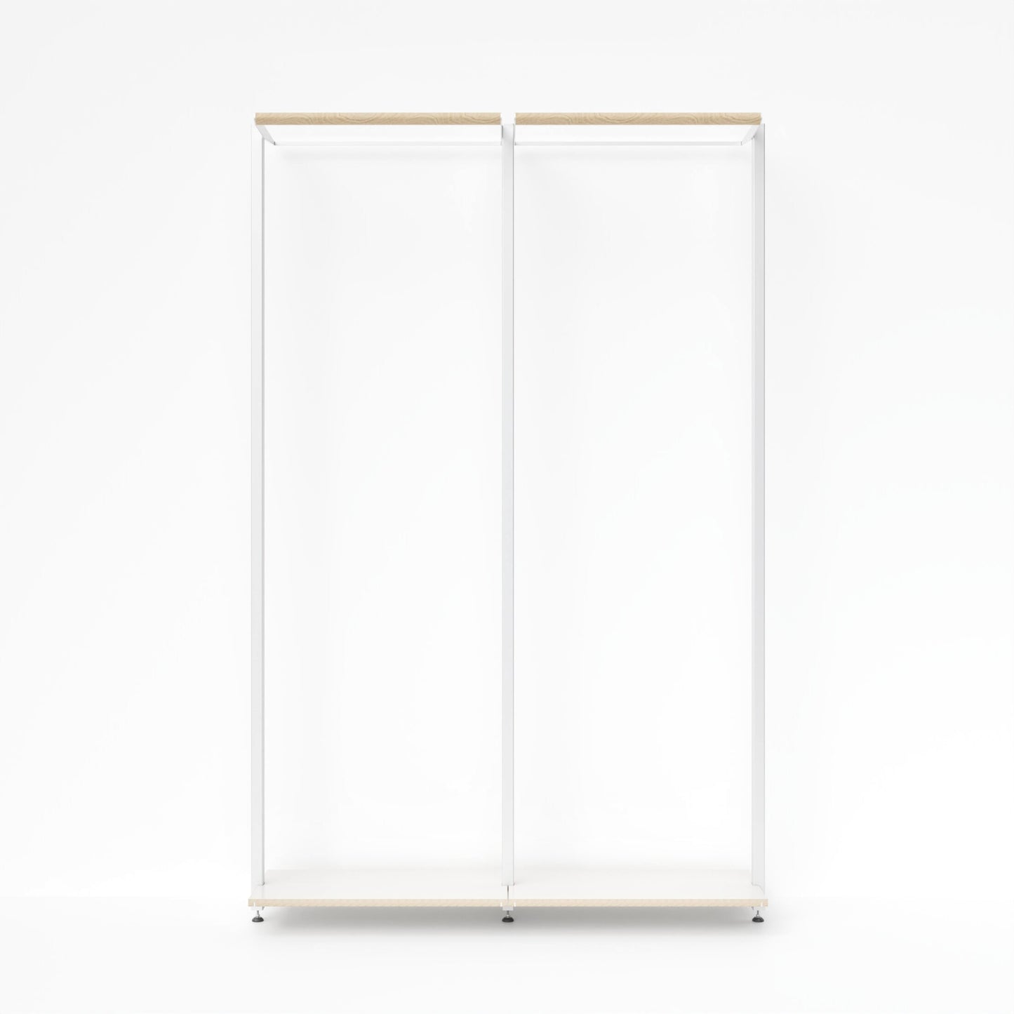 Offenes Kleiderstangen-Modul OSLO von MALYA in Weiß mit Multiplex-Holz - frontalansicht – minimalistisches, wandmontiertes System aus Aluminiumprofilen, ideal als platzsparende Garderobe im Flur, Schlafzimmer oder Ankleidezimmer, nachhaltig produziert mit FSC-zertifiziertem Holz.