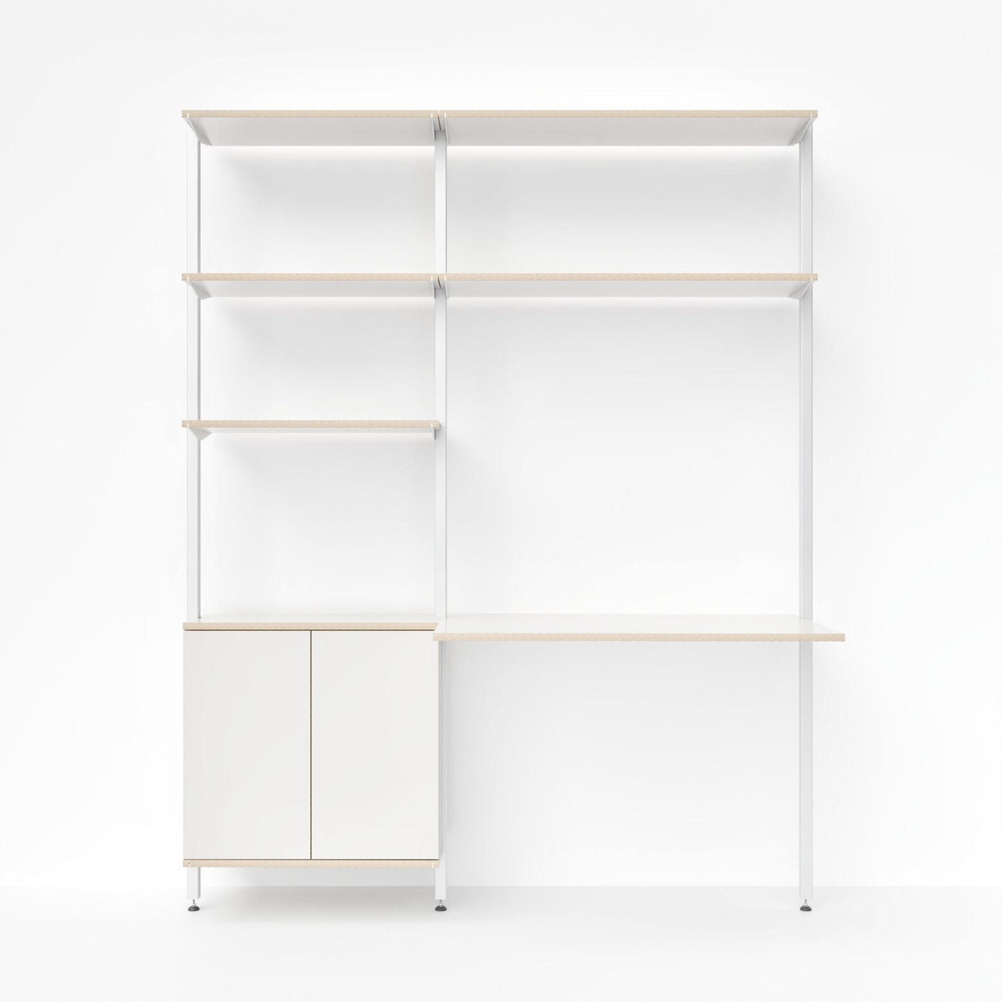 Modulare Kombination aus RIGA Schreibtisch und IVAR Korpusregal von MALYA – wandmontiertes Homeoffice-System mit integriertem Stauraumelement, offenen Regalböden und 90 cm breiter Arbeitsfläche in Weiß