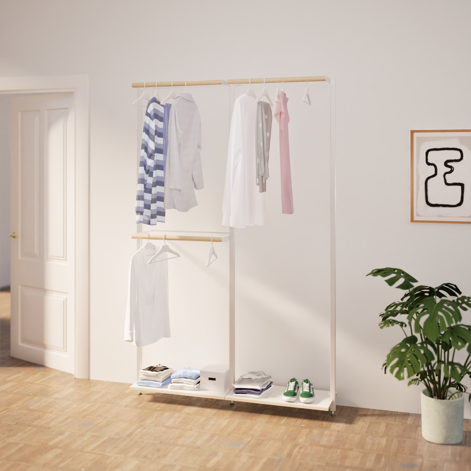 Modulare Kleiderstangenkombination aus MALYA OSLO1 und OSLO2 – wandmontiertes Garderobensystem aus weißen Aluminiumprofilen und naturfarbenem Multiplex mit offener Struktur für Kleidung, Schuhe und Accessoires in modernem Schlafzimmer- oder Flurambiente.