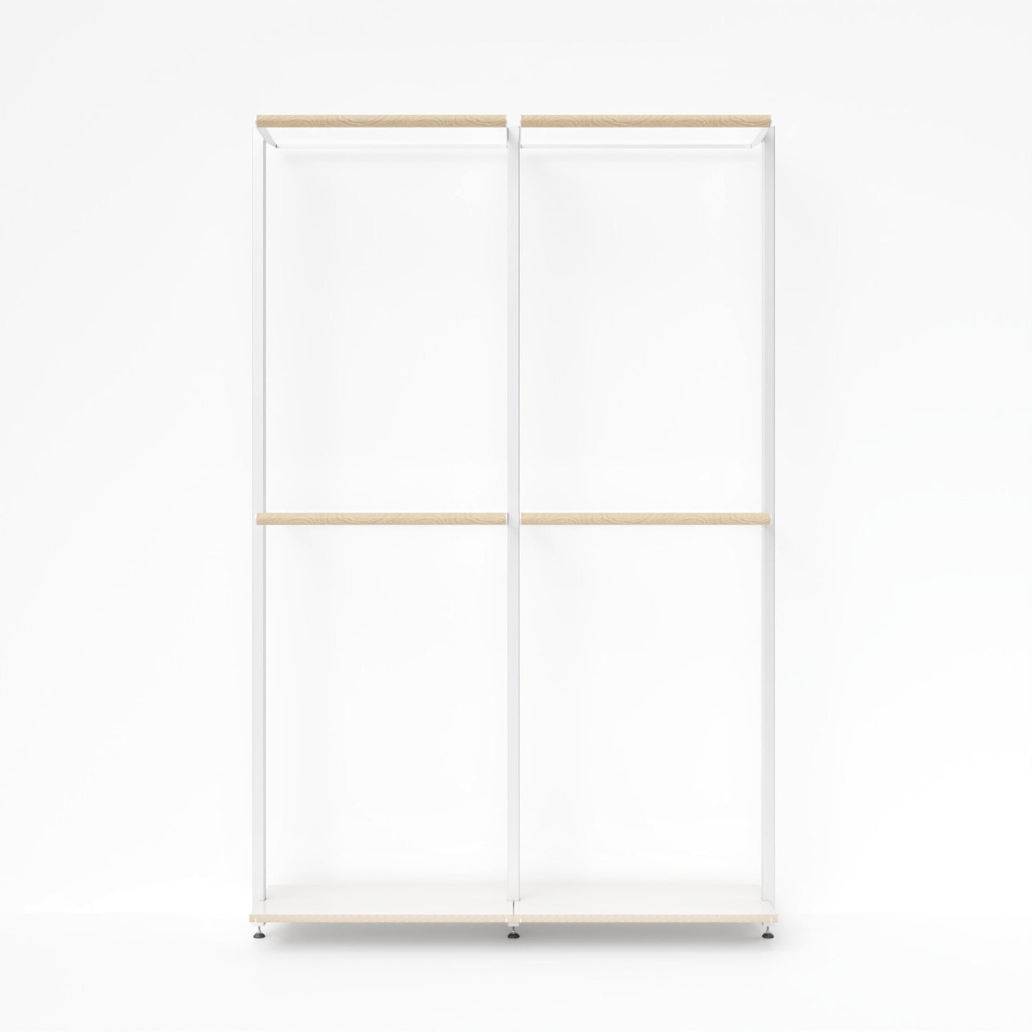 Doppelmodul der MALYA OSLO Kleiderstange mit zwei Hängestangen-Ebenen – frontal- wandmontiertes Garderobensystem mit weißem Aluminiumgestell und FSC-zertifizierten Multiplex-Holzflächen in Natur, perfekt für offene Kleiderschränke, Flure oder minimalistische Ankleidezimmer.
