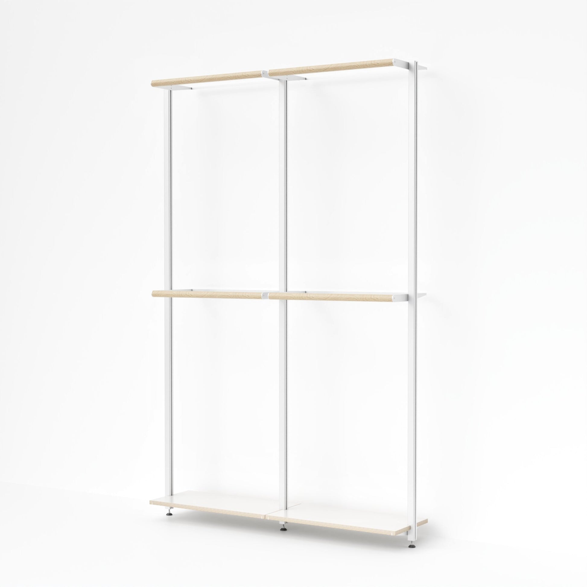 Doppelmodul der MALYA OSLO Kleiderstange mit zwei Hängestangen-Ebenen – wandmontiertes Garderobensystem mit Aluminiumgestell und FSC-zertifizierten Multiplex-Holzflächen in Natur, perfekt für offene Kleiderschränke, Flure oder minimalistische Ankleidezimmer.