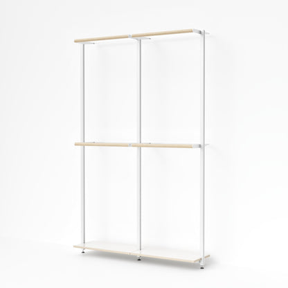 Doppelmodul der MALYA OSLO Kleiderstange mit zwei Hängestangen-Ebenen – wandmontiertes Garderobensystem mit Aluminiumgestell und FSC-zertifizierten Multiplex-Holzflächen in Natur, perfekt für offene Kleiderschränke, Flure oder minimalistische Ankleidezimmer.