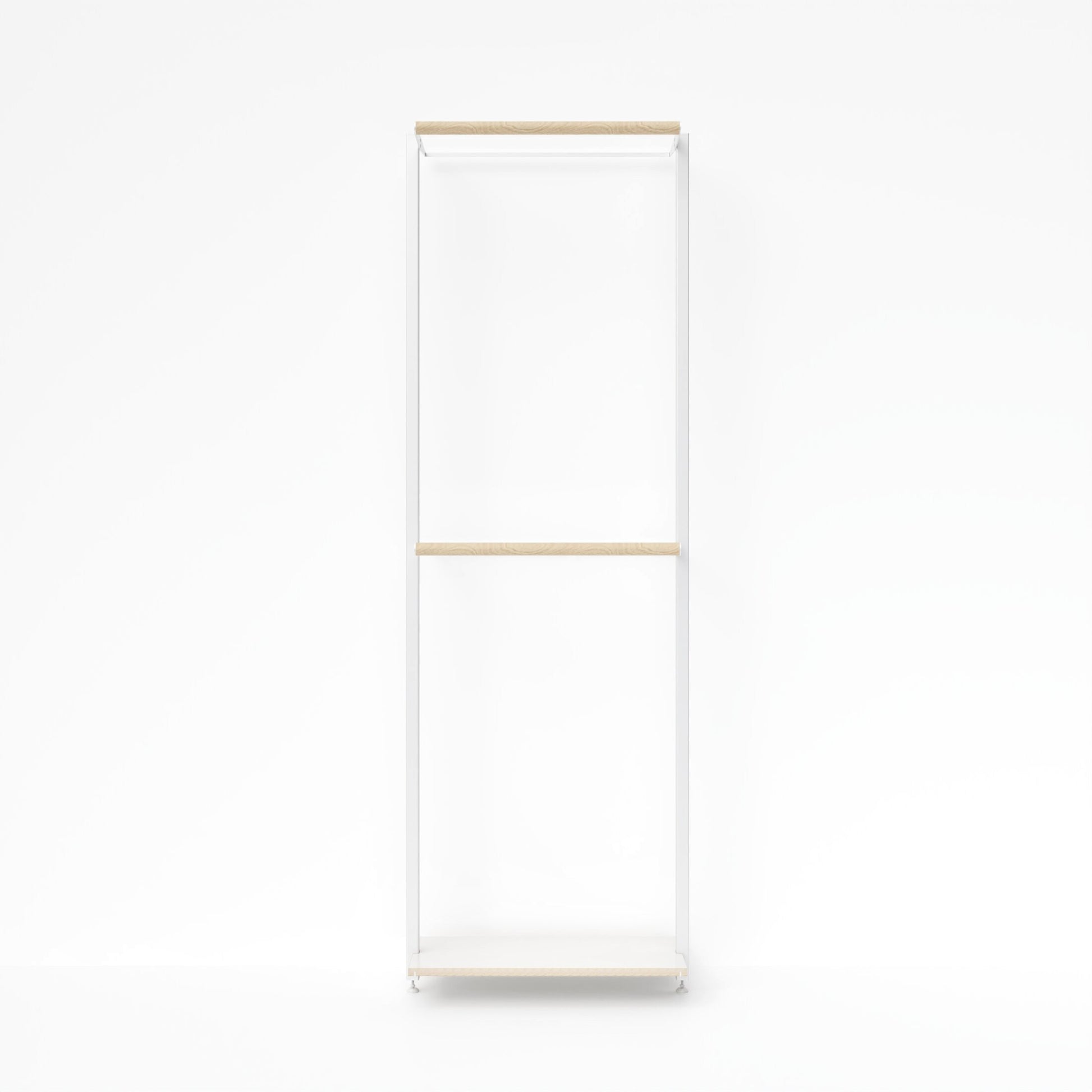 MALYA OSLO Einzelmodul mit zwei Kleiderstangen – frontal- offenes, wandmontiertes Garderobensystem mit weißen Aluminiumprofilen und naturfarbenem Multiplex-Holz, ideal für kompakte Räume mit hohem Anspruch an Design und Funktionalität.