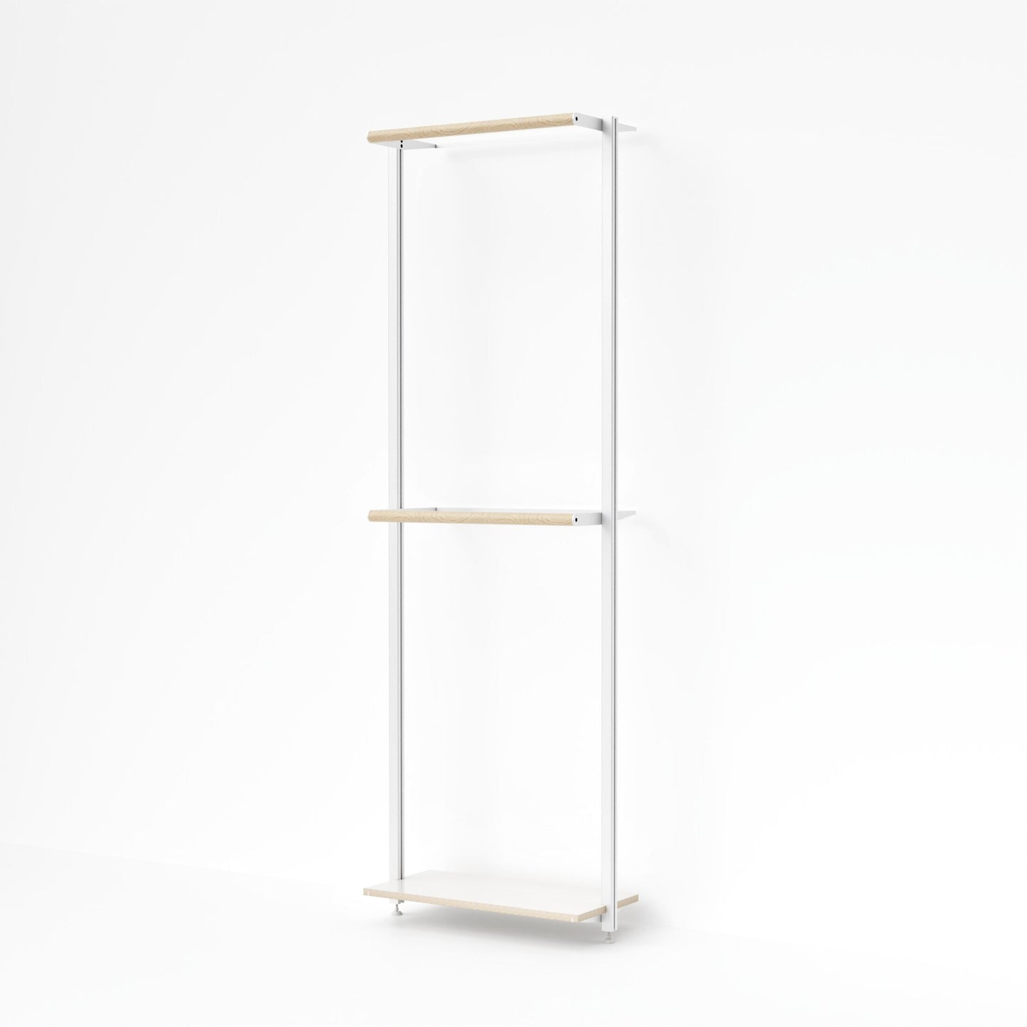 MALYA OSLO Einzelmodul mit zwei Kleiderstangen – offenes, wandmontiertes Garderobensystem mit weißen Aluminiumprofilen und naturfarbenem Multiplex-Holz, ideal für kompakte Räume mit hohem Anspruch an Design und Funktionalität.