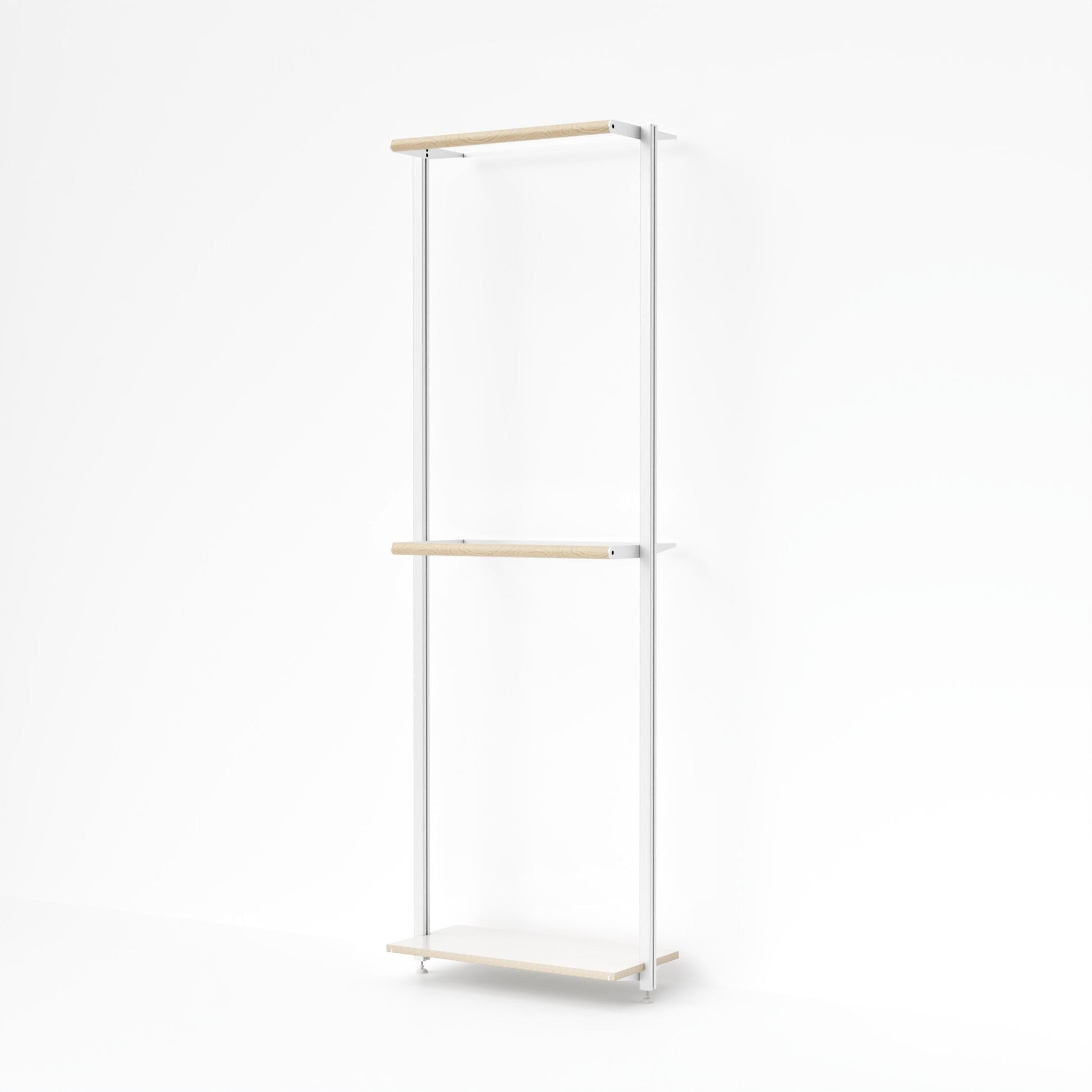 MALYA OSLO Einzelmodul mit zwei Kleiderstangen – offenes, wandmontiertes Garderobensystem mit weißen Aluminiumprofilen und naturfarbenem Multiplex-Holz, ideal für kompakte Räume mit hohem Anspruch an Design und Funktionalität.
