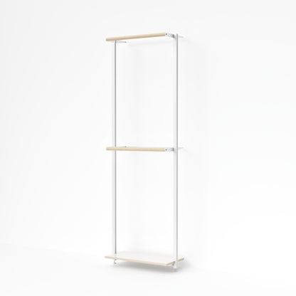 MALYA OSLO Einzelmodul mit zwei Kleiderstangen – offenes, wandmontiertes Garderobensystem mit weißen Aluminiumprofilen und naturfarbenem Multiplex-Holz, ideal für kompakte Räume mit hohem Anspruch an Design und Funktionalität.