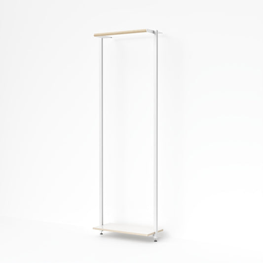 Einzelmodul der MALYA OSLO Kleiderstange in Weiß – minimalistisches, offenes Garderobenelement mit Aluminiumprofilen und naturfarbener Multiplex-Basis, ideal als Einstieg in ein flexibles, modular erweiterbares Aufbewahrungssystem für moderne Wohnräume.