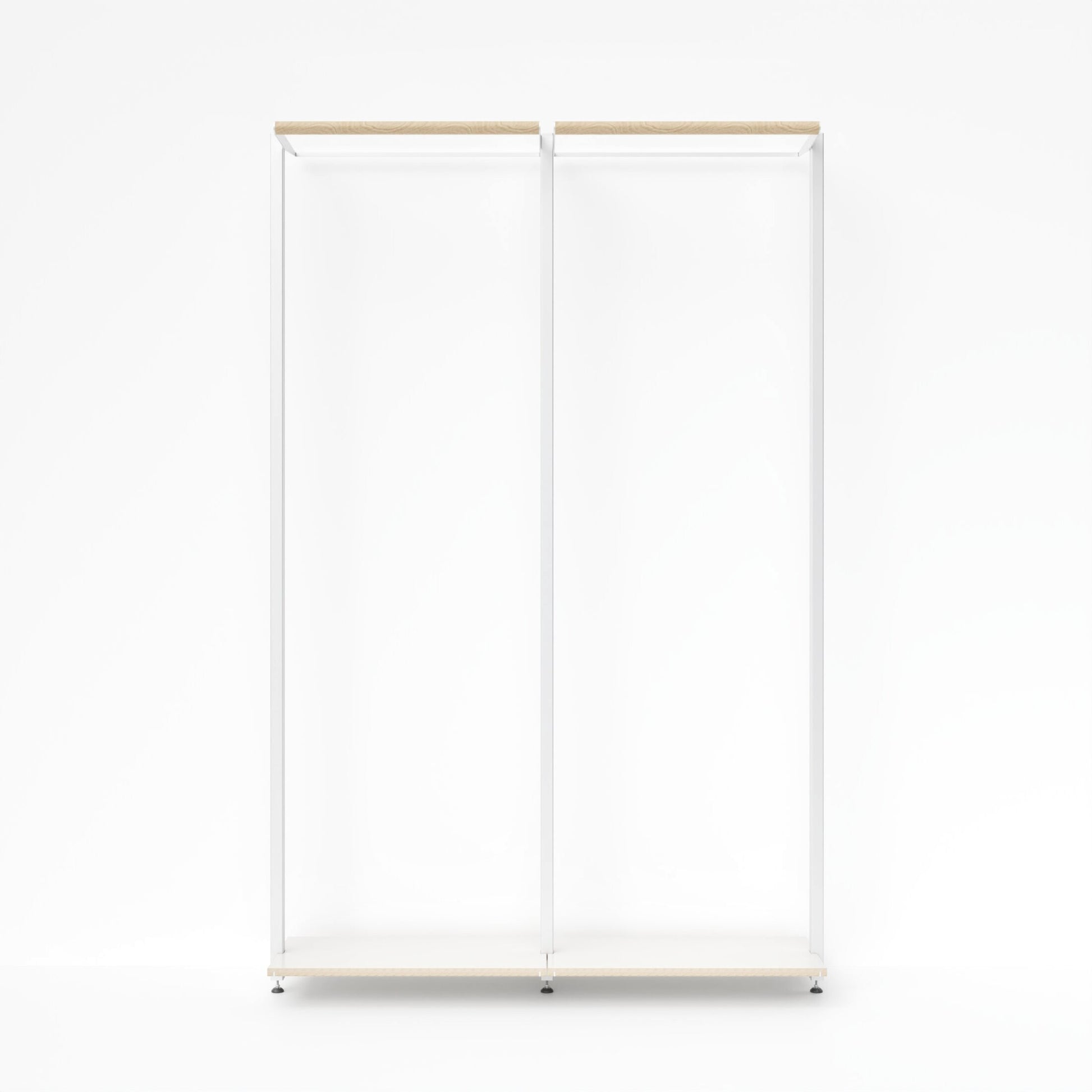 Offenes Kleiderstangen-Modul OSLO von MALYA in Weiß mit Multiplex-Holz - frontalansicht – minimalistisches, wandmontiertes System aus Aluminiumprofilen, ideal als platzsparende Garderobe im Flur, Schlafzimmer oder Ankleidezimmer, nachhaltig produziert mit FSC-zertifiziertem Holz.

