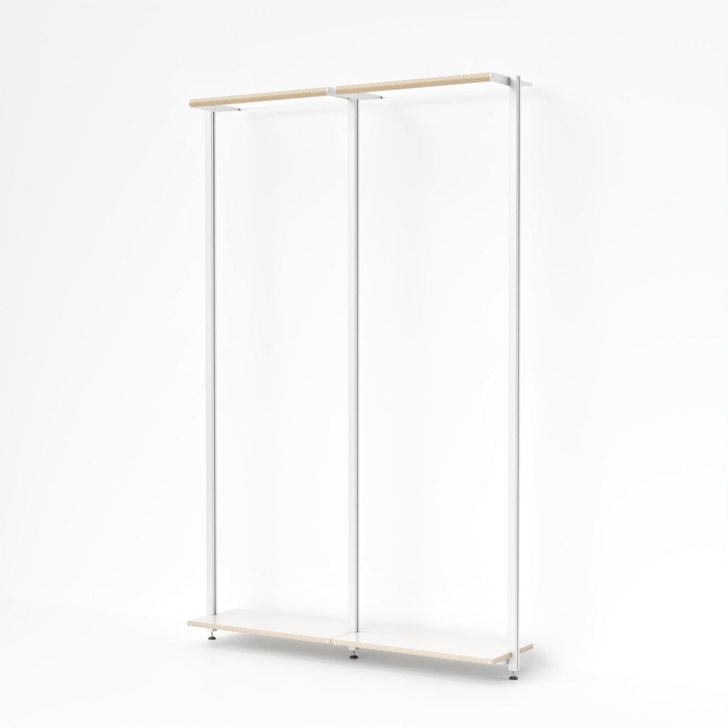 Offenes Kleiderstangen-Modul OSLO von MALYA in Weiß mit Multiplex-Holz – minimalistisches, wandmontiertes System aus Aluminiumprofilen, ideal als platzsparende Garderobe im Flur, Schlafzimmer oder Ankleidezimmer, nachhaltig produziert mit FSC-zertifiziertem Holz.