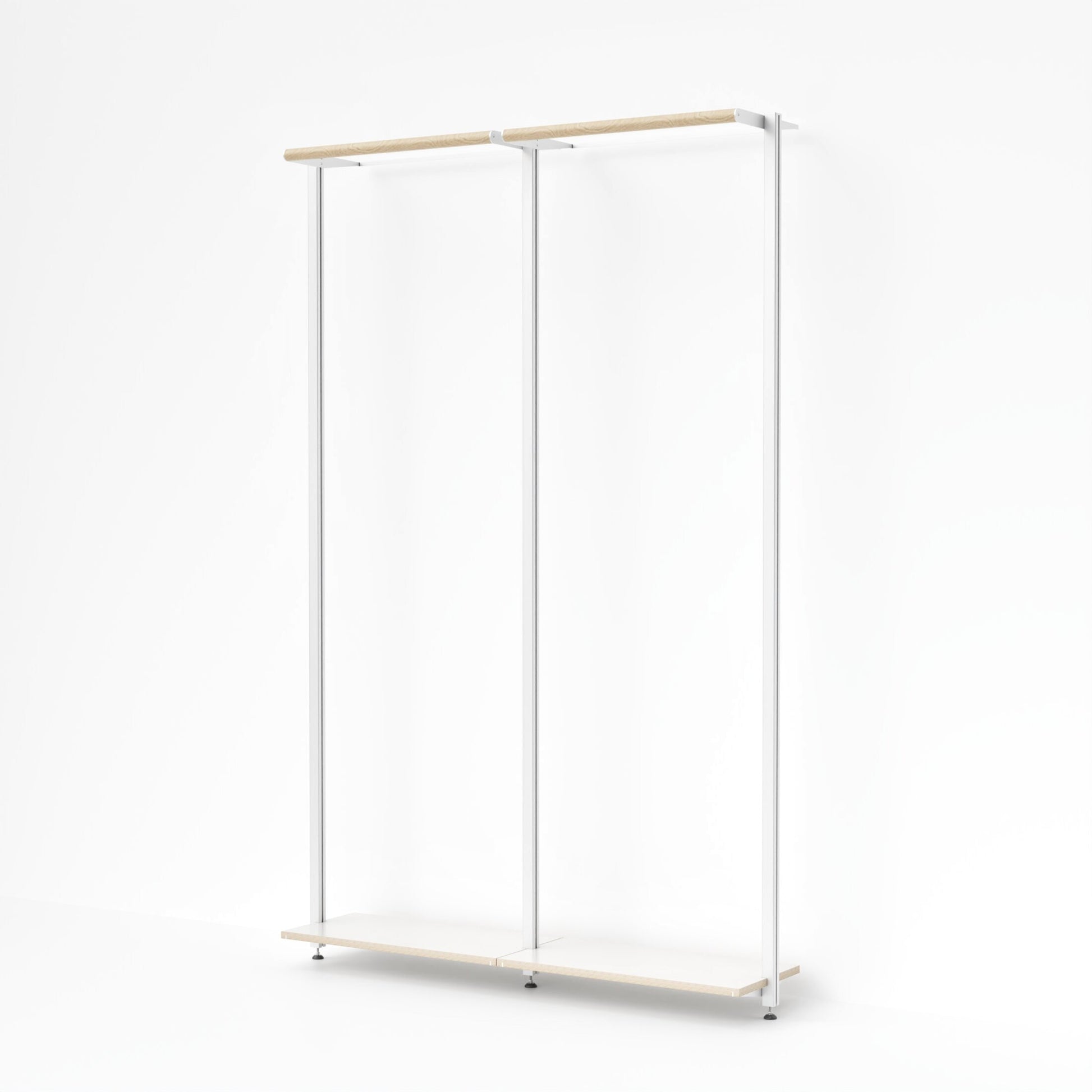 Offenes Kleiderstangen-Modul OSLO von MALYA in Weiß mit Multiplex-Holz – minimalistisches, wandmontiertes System aus Aluminiumprofilen, ideal als platzsparende Garderobe im Flur, Schlafzimmer oder Ankleidezimmer, nachhaltig produziert mit FSC-zertifiziertem Holz.