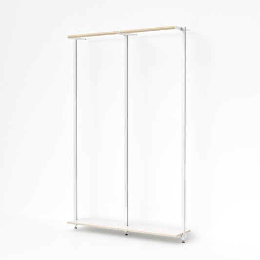 Offenes Kleiderstangen-Modul OSLO von MALYA in Weiß mit Multiplex-Holz – minimalistisches, wandmontiertes System aus Aluminiumprofilen, ideal als platzsparende Garderobe im Flur, Schlafzimmer oder Ankleidezimmer, nachhaltig produziert mit FSC-zertifiziertem Holz.