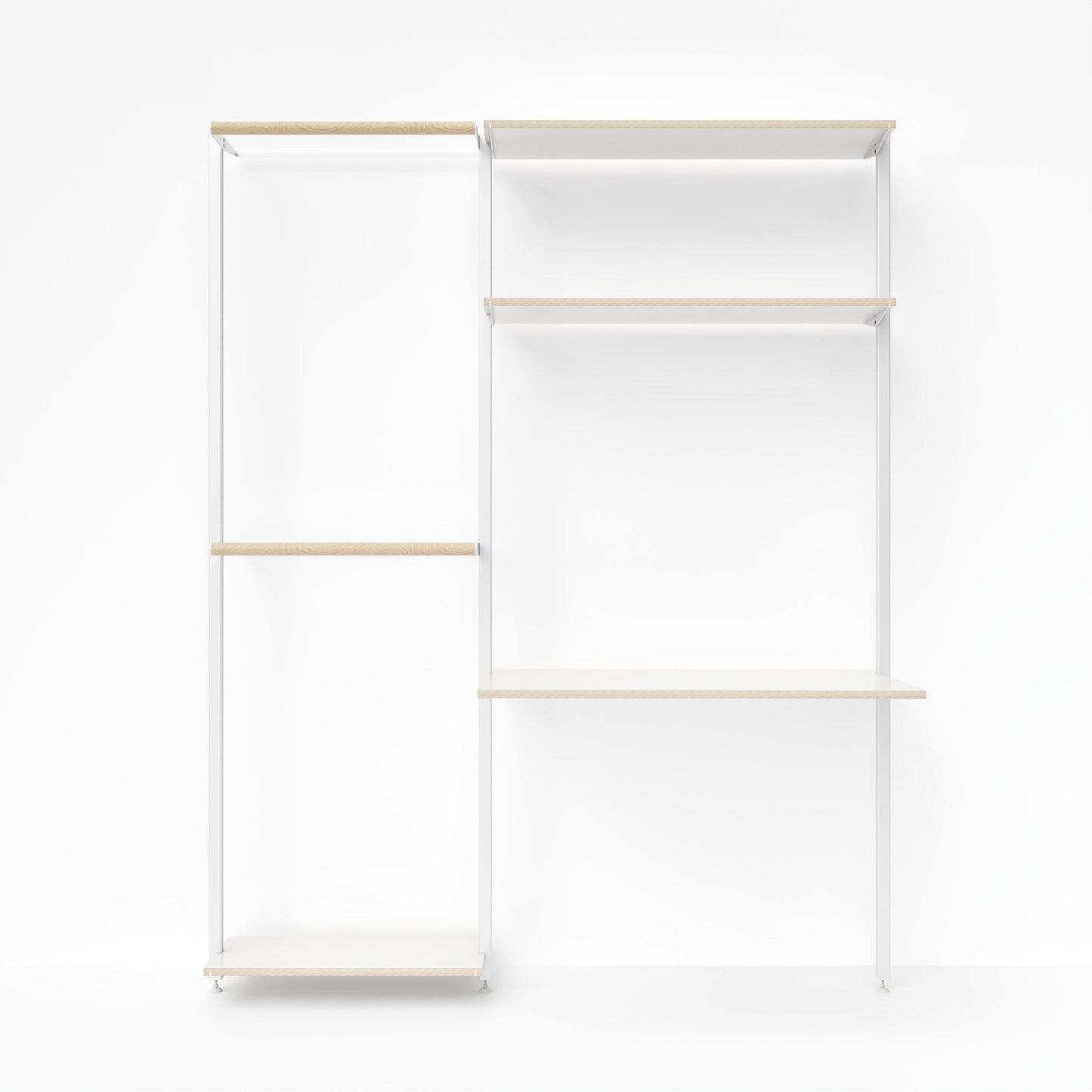 Wandmontiertes Regalsystem  von MALYA mit integriertem Schreibtisch – frontalansicht -modulare Kombination aus natürlichen Aluminiumprofilen und FSC-zertifiziertem Multiplex in Natur, flexibel konfigurierbar für Homeoffice, Wohnbereich oder Studio mit viel Stauraum und klarer Linienführung