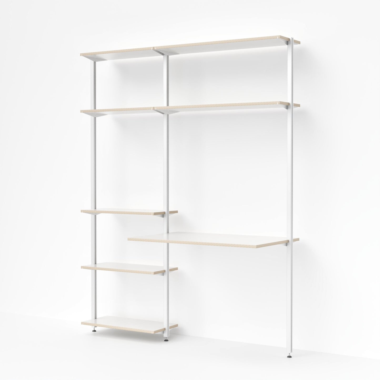 Modulare MALYA Kombination aus VEST Regal und RIGA Schreibtisch – wandmontiertes Möbelsystem in Weiß mit offenem Regalelement und 90 cm breiter Arbeitsfläche, ideal für Homeoffice und kreative Arbeitsbereiche im minimalistischen Stil.