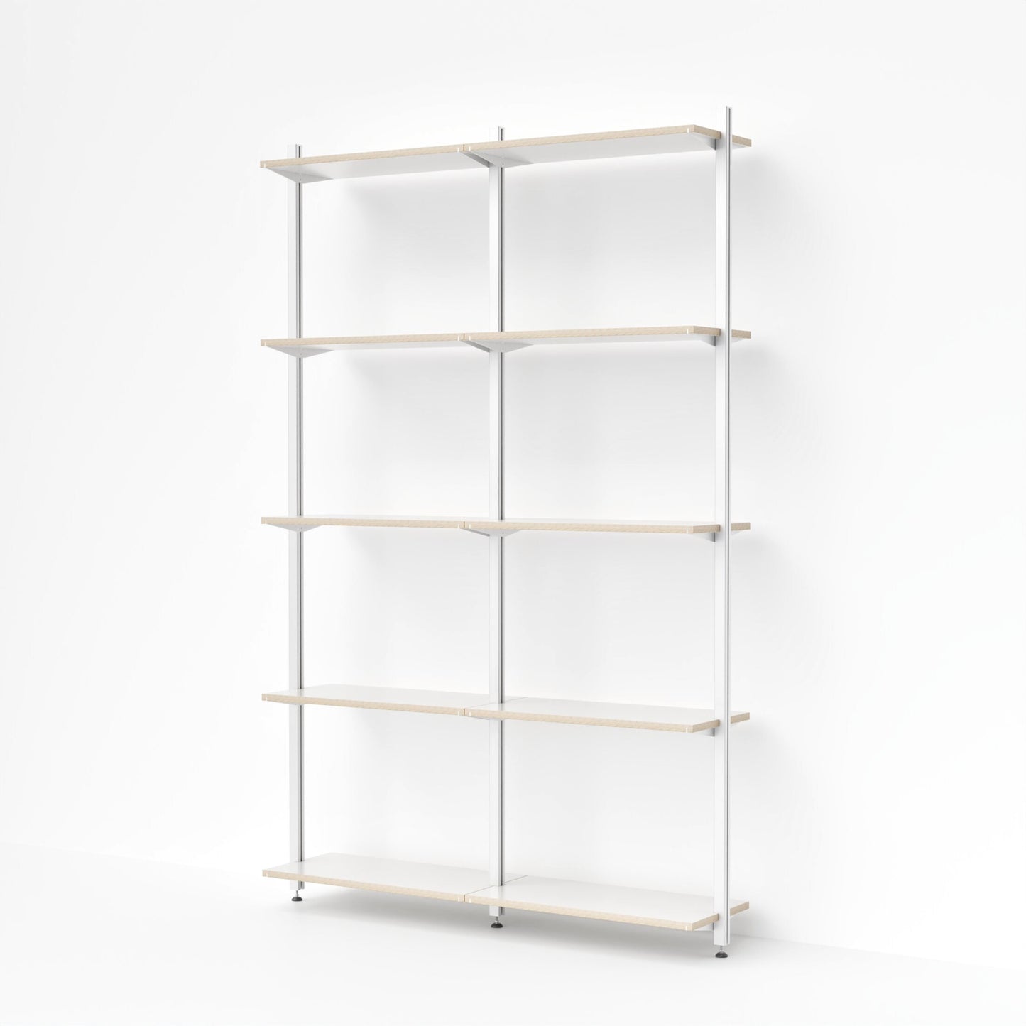 Doppelte Ausführung des modularen MALYA Regals VEST hoch5 – wandmontiertes Regalsystem mit zehn offenen Ebenen aus weißem Aluminiumprofil und naturfarbenem Multiplex, ideal für Bücher, Ordner oder dekorative Objekte im Wohn- oder Arbeitsbereich.