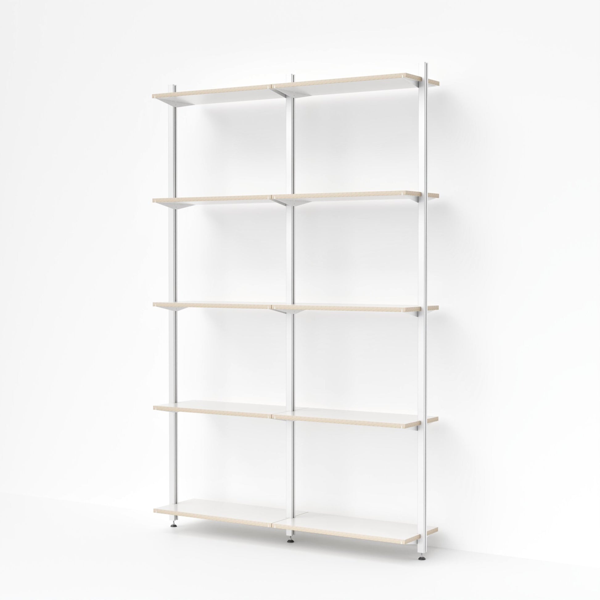 Doppelte Ausführung des modularen MALYA Regals VEST hoch5 – wandmontiertes Regalsystem mit zehn offenen Ebenen aus weißem Aluminiumprofil und naturfarbenem Multiplex, ideal für Bücher, Ordner oder dekorative Objekte im Wohn- oder Arbeitsbereich.